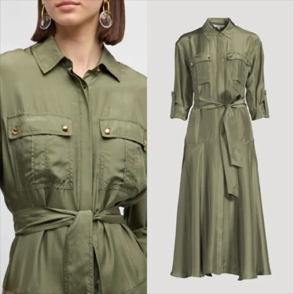 NWT $698 Veronica Beard Camille Tie Waist Long Sleeve Silk Midi Dress